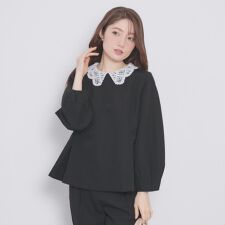 レース衿ペプラムブラウス【洗濯機OKストレッチ】