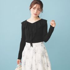 レースフリルVネックリブニット【洗濯機OK坑ピル】