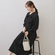リボンボウタイドットワンピース【洗濯機OKイージーアイロン防シワ】