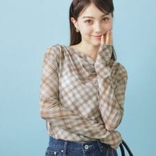 シアーチェックドレープネックトップス【洗濯機OK】