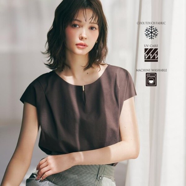 接触冷感】ビジューキーネックフレンチトップス《UVケア／洗濯機OK／XS