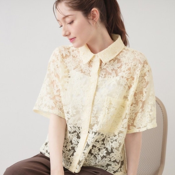 フラワー刺繍シアーシャツ【洗濯機OK／イージーアイロン