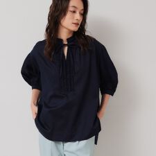 【シャーリング／チュニック】スキッパーブラウス