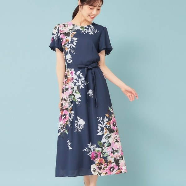 美品！豪華♡スーナウーナ スタンドカラー タック プリーツワンピース 花柄 38 美品！豪華♡スーナウーナ スタンドカラー タック プリーツ