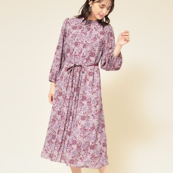 未使用 スーナウーナ 長袖 花柄 プリーツ ロング ワンピース ネイビー 38 ＆yours project/パネル柄】フラワープリントワンピース（マキシ