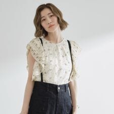 袖ラッフルプリーツ花柄ブラウス