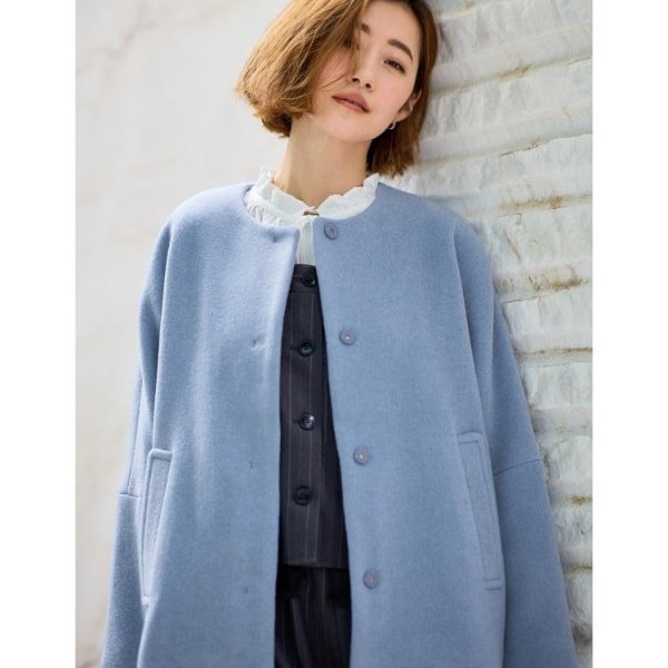 OPAQUE.CLIP ウールカシミヤ混ホワイト ショートコート ウール混フードショールカラーミドルコート（フーデットコート