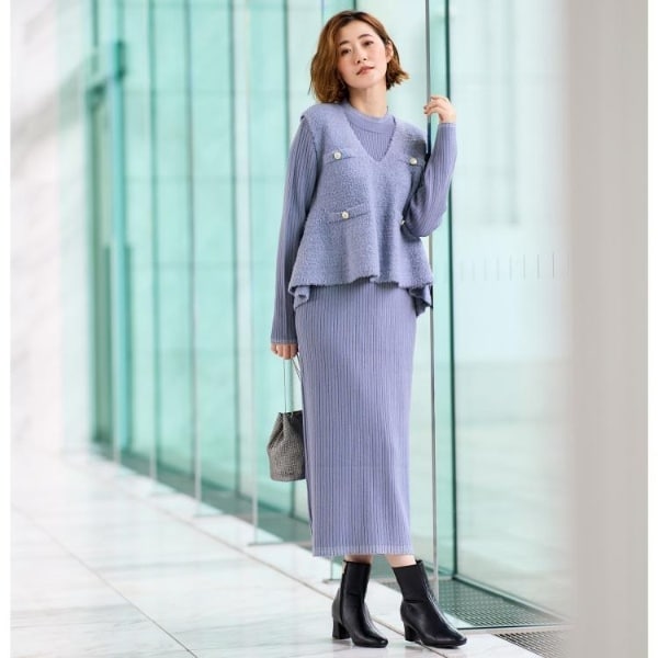 2点SET体型カバー】一枚で決まる、ペプラムベスト×ニットワンピース