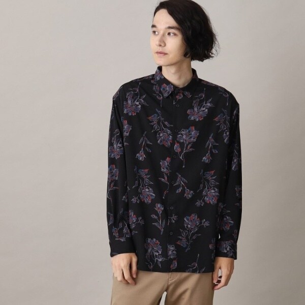 黒の長袖Tシャツ 花柄プリント 花柄幾何学柄】レギュラーフィットプリント柄シャツ | ザ