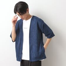 フェイクスウェードアンサンブルカーディガン【五分袖カーディガン＋半袖Tシャツセットアイテム】