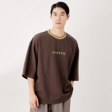 配色刺繍6分袖Tシャツ 【ビッグシルエット／洗濯機OK】