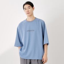 配色刺繍6分袖Tシャツ 【ビッグシルエット／洗濯機OK】