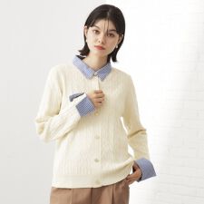 【着るだけでコーデ完成】シャツレイヤード風 ケーブルニット