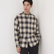 オンブレーチェックバンドカラーシャツ 【洗濯機OK】