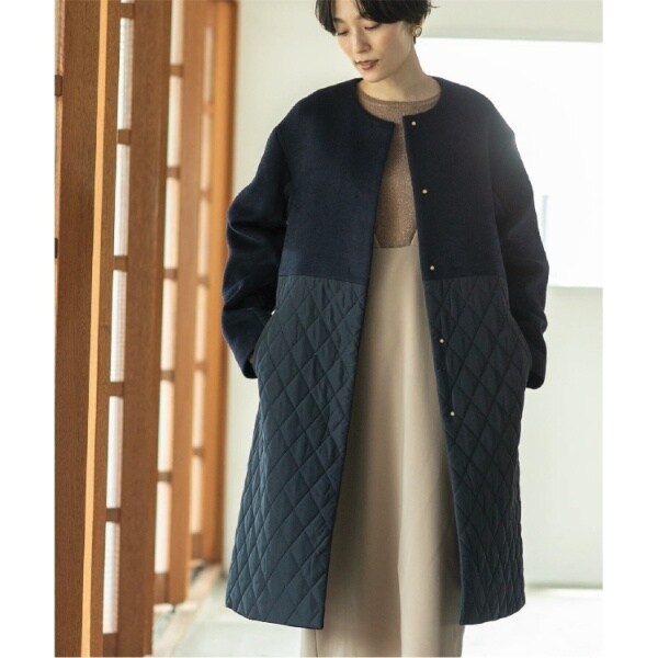 OPAQUE.CLIP ウールカシミヤキルティングドッキング ノーカラーコートM ≪S-LLsize≫ ウールカシミヤブレンド キルティングドッキング