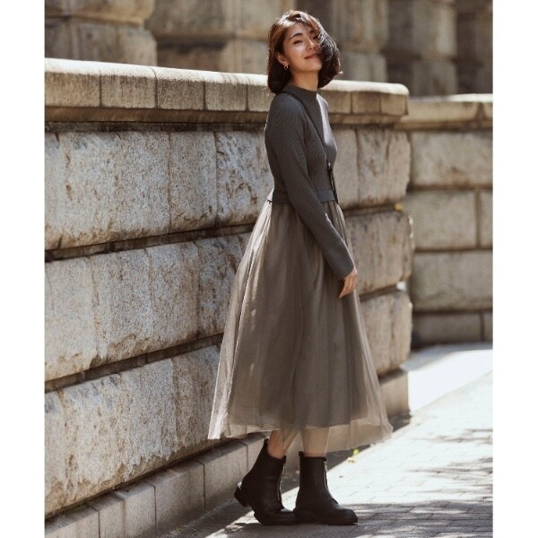 ニット×チュールドッキングワンピース【洗濯機洗い可】 | オペーク