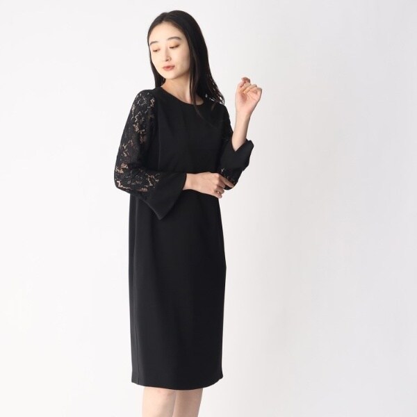 新品　オペークドットクリップ　黒地レースオケージョンワンピースM ≪結婚式オケージョン対応≫ 袖レースドッキングワンピース