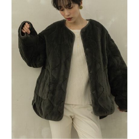 リバーシブル フェイクファー×キルティングノーカラーコート【撥水加工 