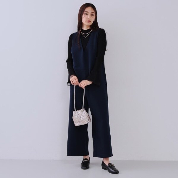 ADAM ET ROPEレース袖 Vネック オールインワン黒 ADAM ET ROPE'｜【WEB限定】・【オケージョン】Vネックレース
