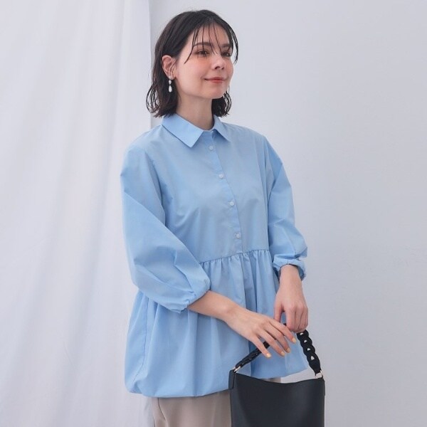 新品◇INDIVI◇大きいサイズ◇ぺプラムバルーンスリーブブラウス トレンド！洗えるペプラム】バルーンスリーブブラウス