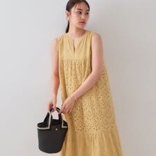 インドコットンアイレット刺繍ティアードワンピース【洗える】