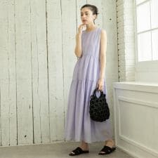 麻混シアーギャザーティアードワンピース【洗濯機洗い可】