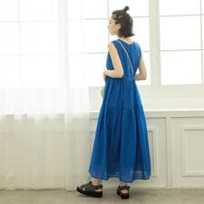 麻混シアーギャザーティアードワンピース【洗濯機洗い可】