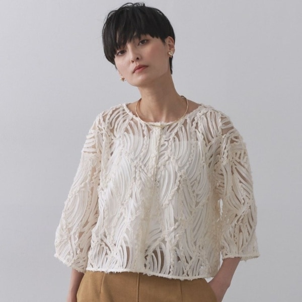 シアー刺繍レース前開きブラウス【洗濯機洗い可】 | オペーク