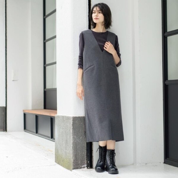 通勤・セレモニーセットアップ対応》タックフレアワンピースダブル