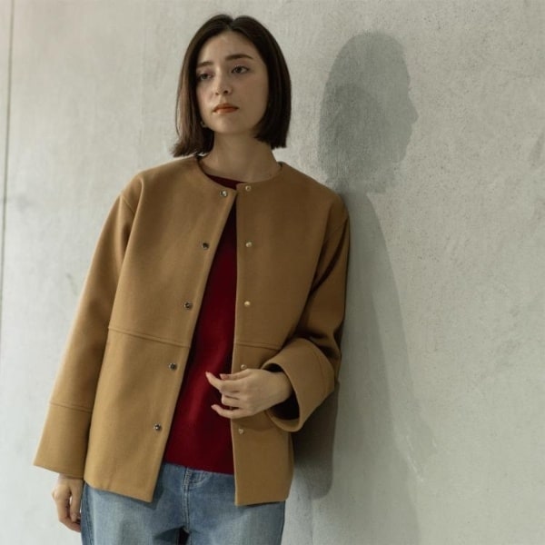 ウールライクメルトンノーカラーコート【洗濯機洗い可】 | オペーク