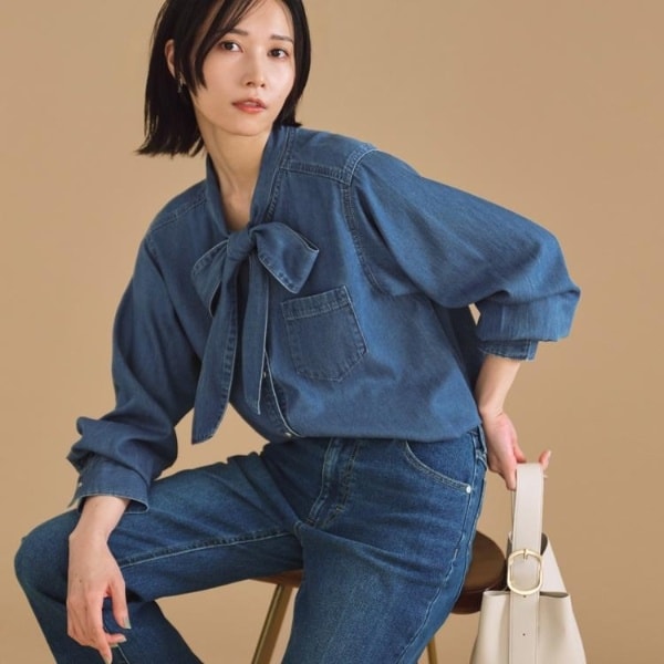 セルロース混デニムボウタイブラウス【洗濯機洗い可】 | オペーク