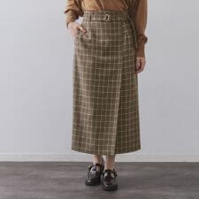 オペークドットクリップ(OPAQUE.CLIP)のチェックツイード ラップ風ナロースカート【洗濯機OK】