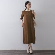 配色ポロ衿ニットワンピース【洗濯機OK】
