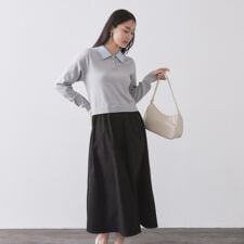 ダブルポロ衿ニットドッキングワンピース【洗濯機OK】