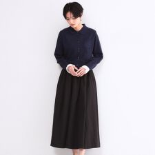 ポロ襟ニットドッキングフレアワンピース【洗濯機OK】