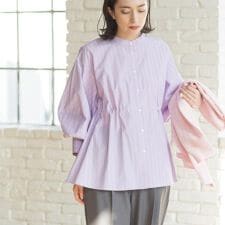ストライプペプラムデザインブラウス【洗濯機OK】