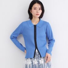 ポロ衿ホック使いリブニットカーディガン【洗濯機OK】