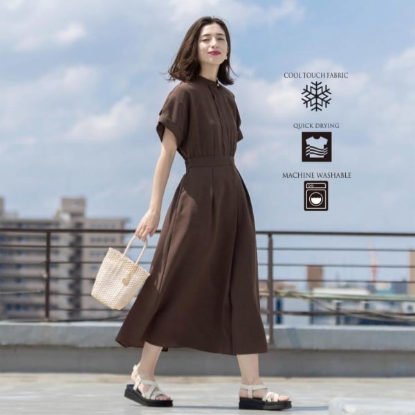 接触冷感／吸水速乾】リネンライク シャツワンピース《洗濯機OK