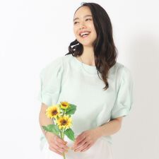 涼やかにきれい見え サッカーストライプ ボリューム袖ブラウス