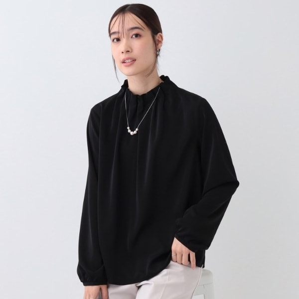 クロスアンドクロス　ピンタックレース　スタンドカラーシャツ　フリルブラウス　黒 クロスアンドクロス ピンタックレース スタンドカラーシャツ フリル