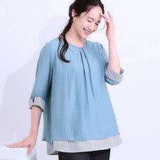 【洗えるS-LL】一枚でサマ見え お袖折り返し 裾レイヤードトップス