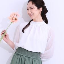 【S-LL】首元ギャザーが大人上品な シフォンブラウス