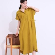 【S-LL】お顔周りすっきり 麻調スキッパーシャツワンピース