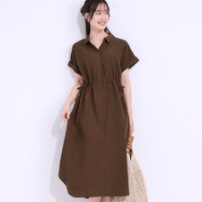 【S-LL】お顔周りすっきり 麻調スキッパーシャツワンピース