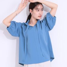 【洗えるひんやりS-LL】フェミニンもクールも フリルリボン5分袖ブラウス