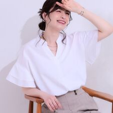 【洗えるS-LL】袖フリルスキッパーシャツ
