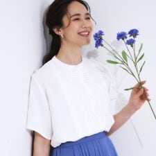 【S-LL】さらりと大人上品 レース切替半袖ブラウス