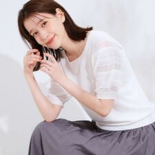 袖シアー切り替えニット