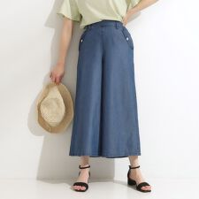【洗えるS-LLひんやり】金ボタンがアクセント　大人のデニムガウチョパンツ