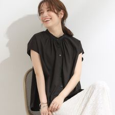 【洗えるS-LL】プチフリル襟が女性らしい フレンチスリーブシャツ